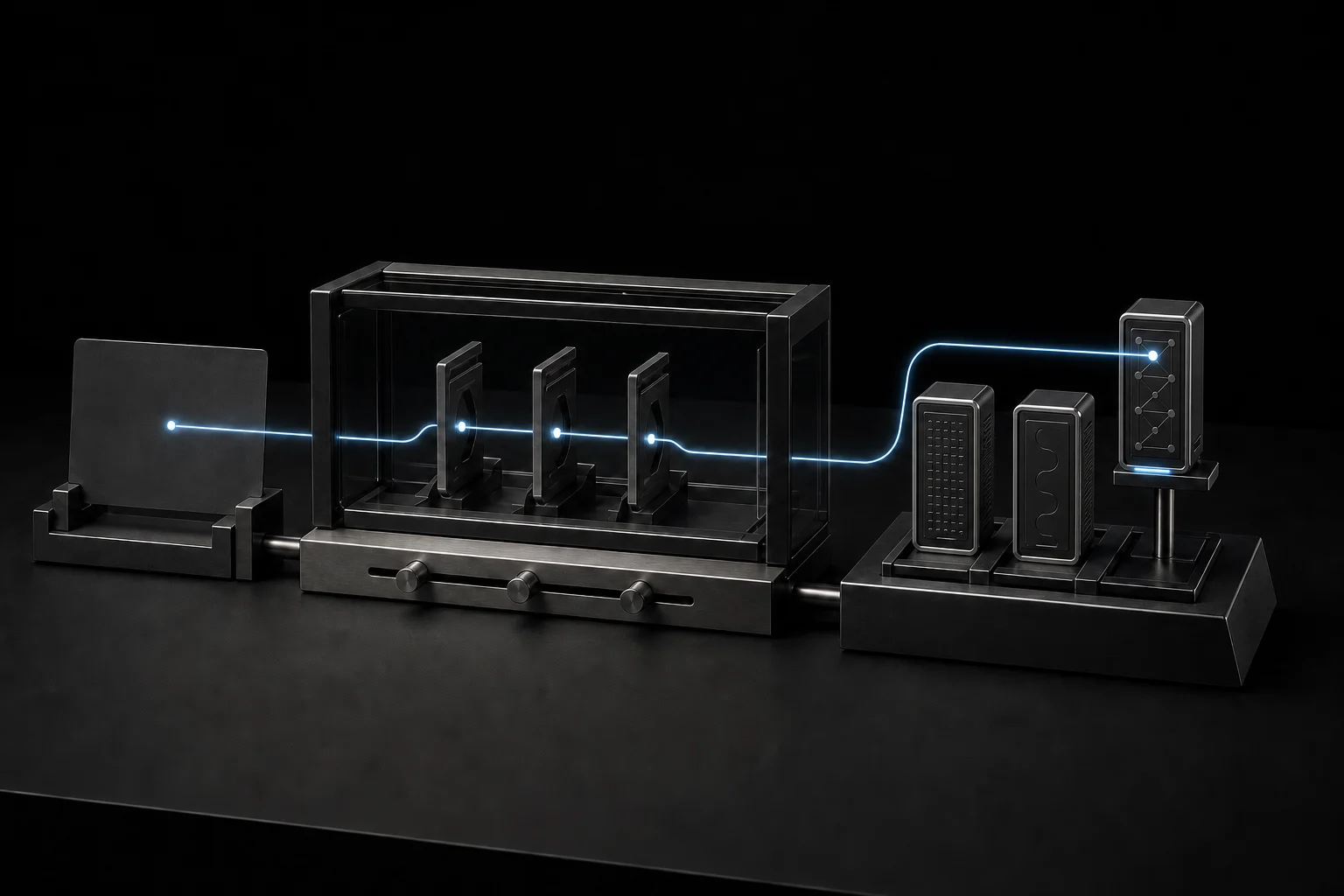 A vague task passing through context gates into a shortlist with one selected AI tool